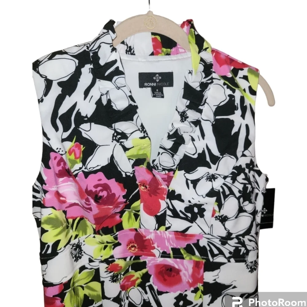 NWT* Ronni Nicole* Sleeveless* Botanical Print Dress* Blk/ Wh/ Pnk/Gr* Sz 8